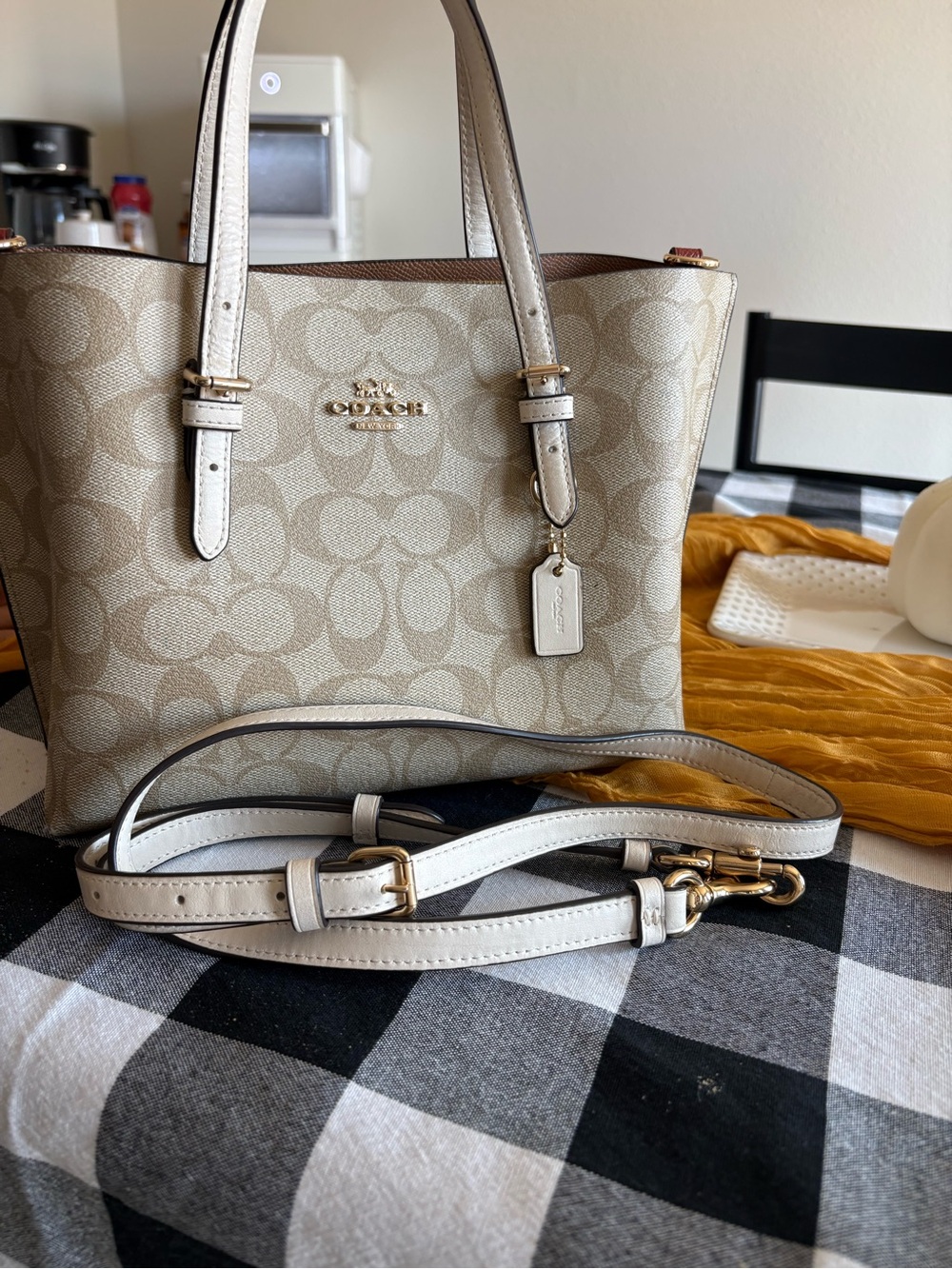Coach Canvas Tote in Light Khaki and Chalk with Gold Hardware